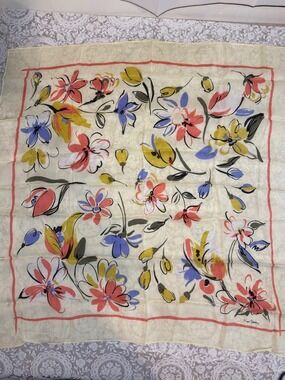 Pierre Cardin Floral Silk Scarf in Cream, Coral, Blue, Yellow